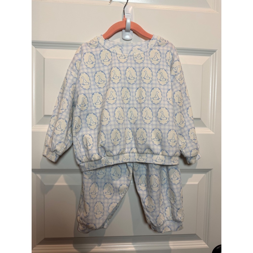 Little One Shop Blue Gingham Duck Print Sweatshirt and Joggers Set 2T